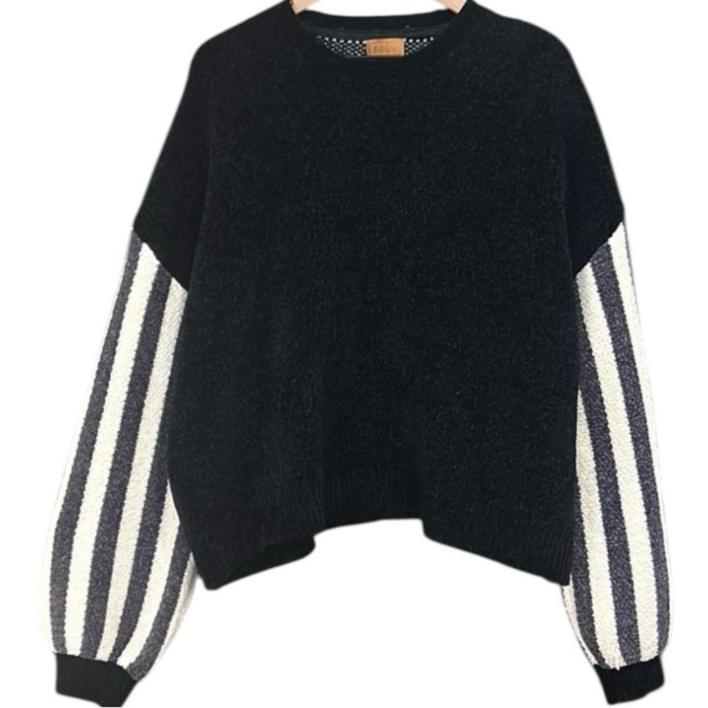 POL Black Sweater w/ Striped PUFFY Sleeves - Cozy Pullover Size S OVERSIZED